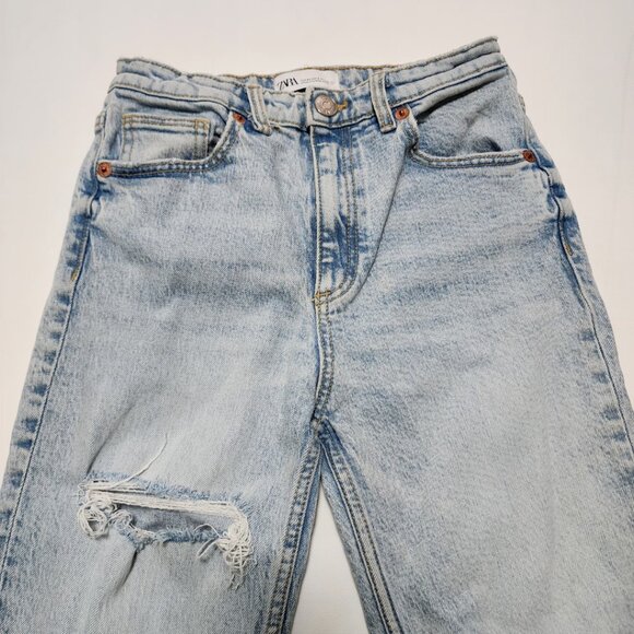 Zara Light Wash Rigid Denim High Rise Ripped Tapered Leg Jeans - Picture 3 of 5